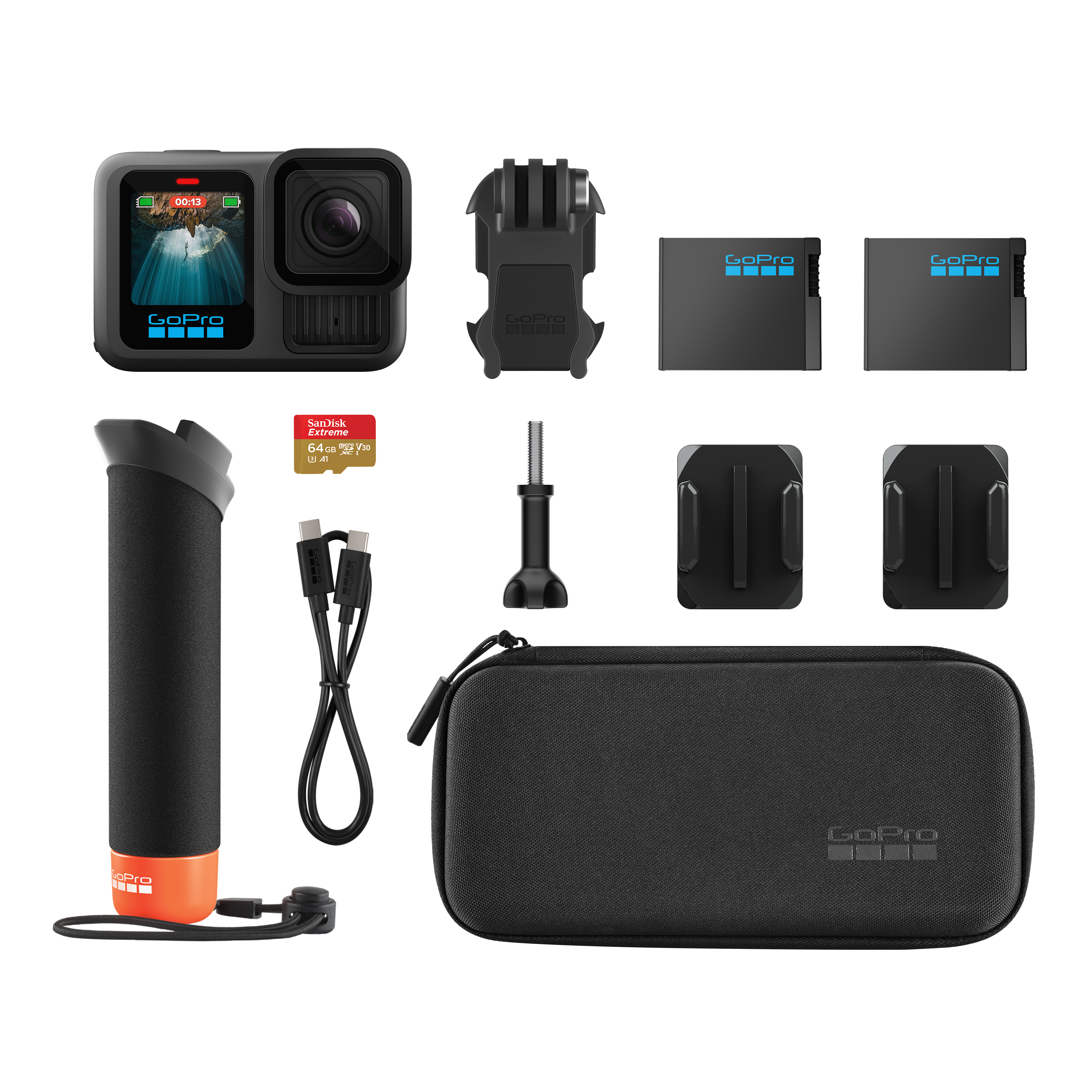 GoPro-Kamera-Kit; Kamera, Zubehör, SD-Karte, Akkus und Tragetasche.