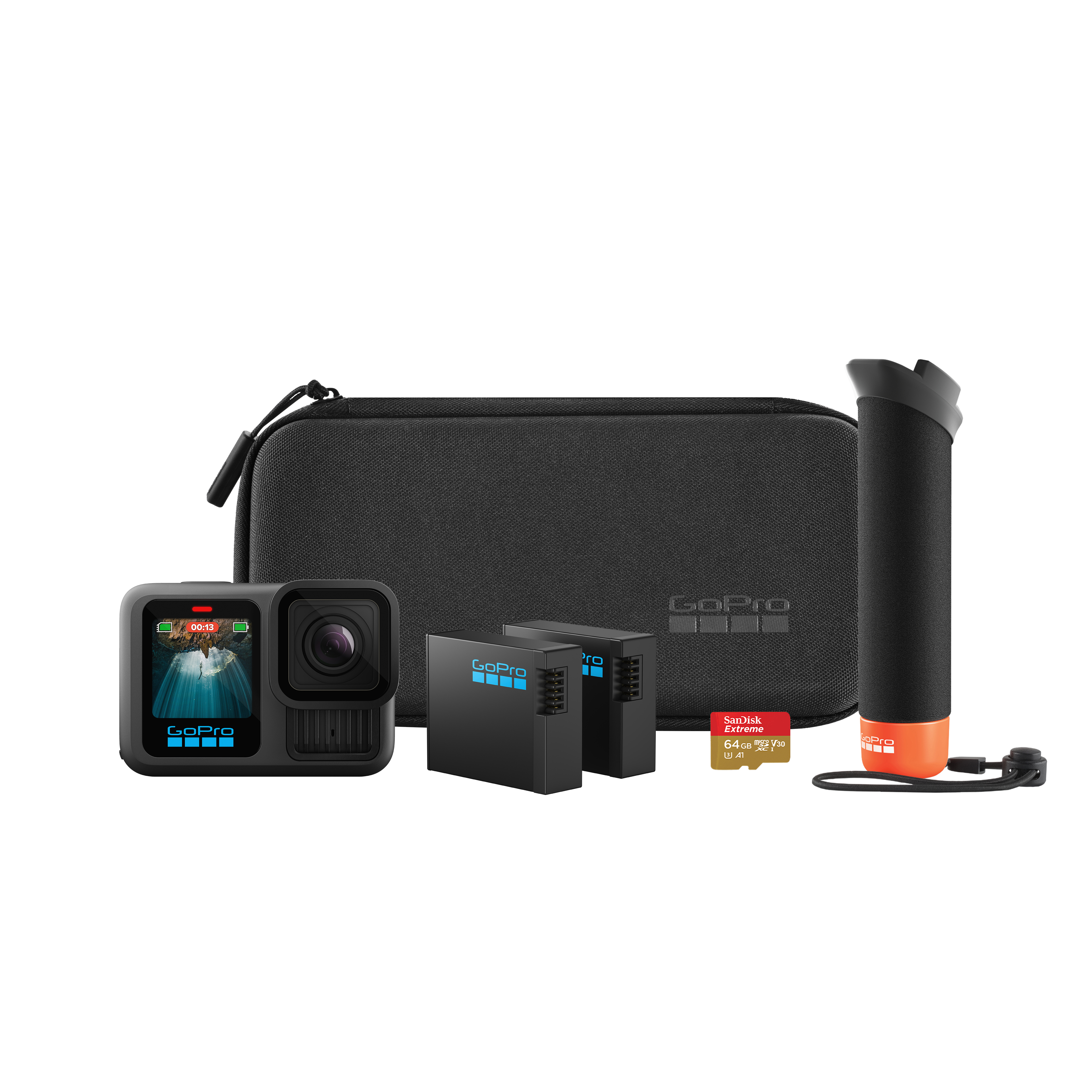 Ein Set von Kameraausrüstung. Eine Kamera, Batterien, ein Gehäuse und ein Griff. Weißer Hintergrund.