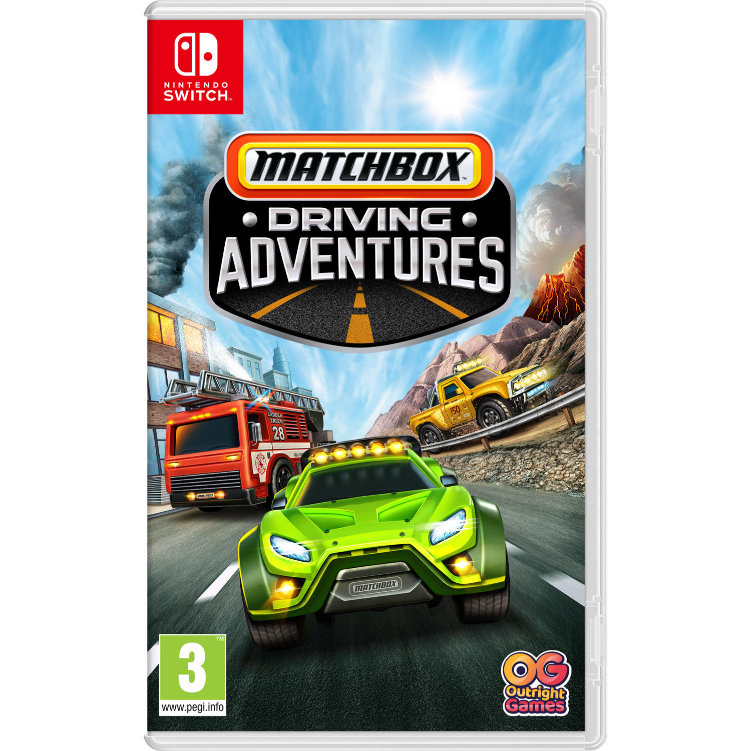 Matchbox Driving Adventures game case met auto's op een weg, met een vulkaan en een brandweerwagen.