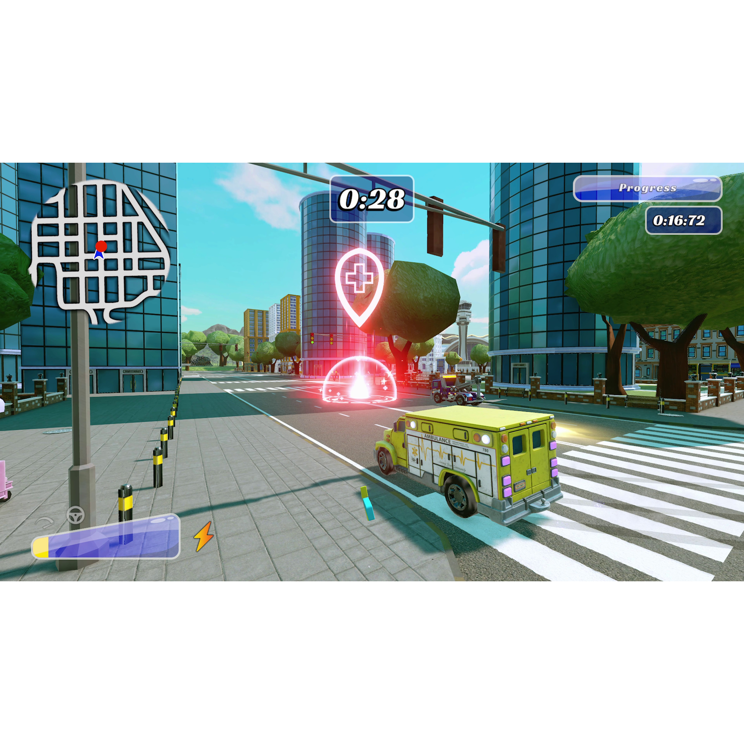 Videogame scène met een ambulance die op een weg rijdt, een stadsraster en een voortgangsbalk.