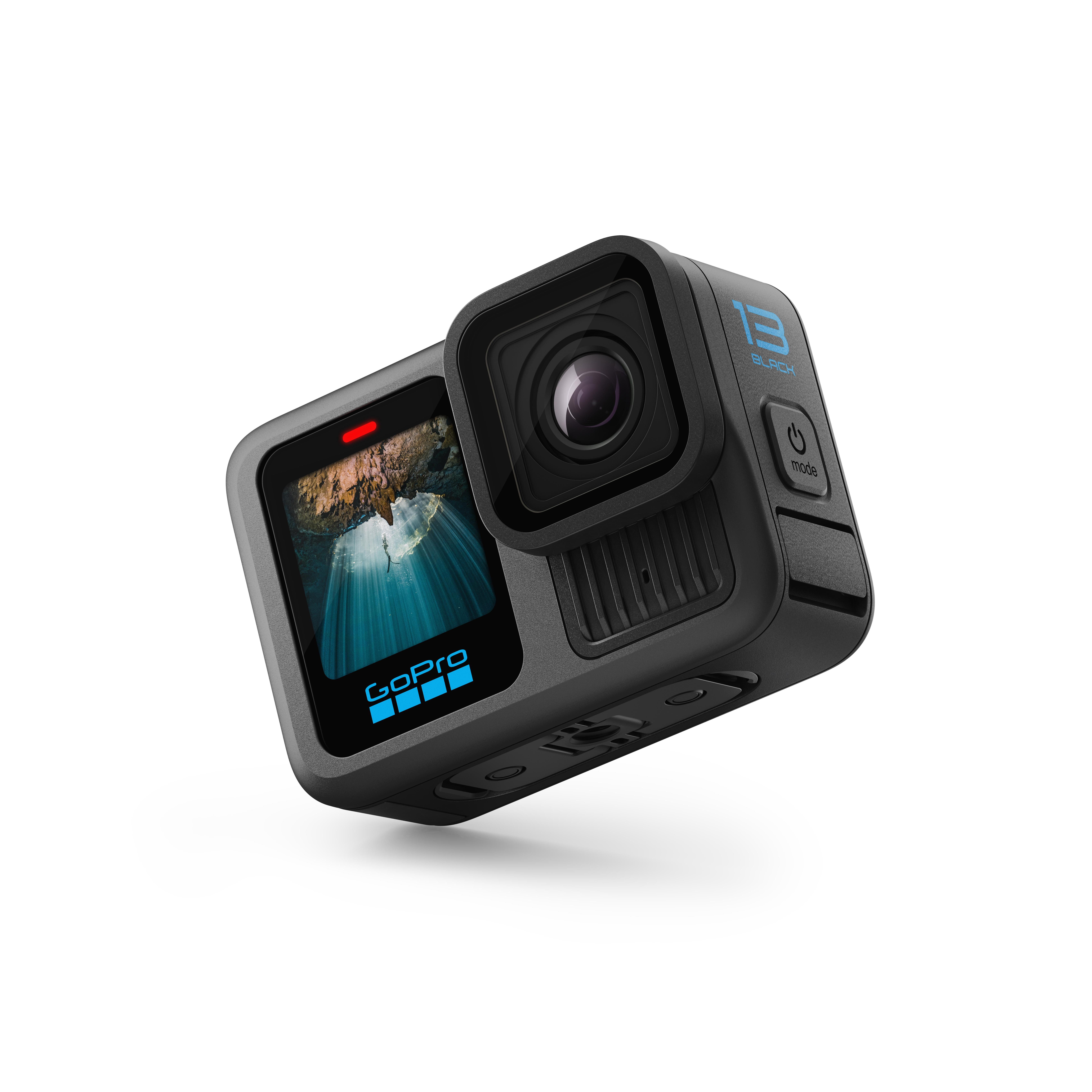 Schwarze GoPro-Kamera, abgewinkelt, mit Display und Objektiv sichtbar.