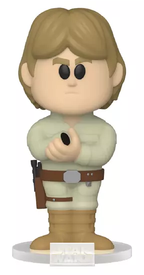 Luke Skywalker Funko Pop figura, bézs ruhában, fehér alapon, semleges háttérrel.