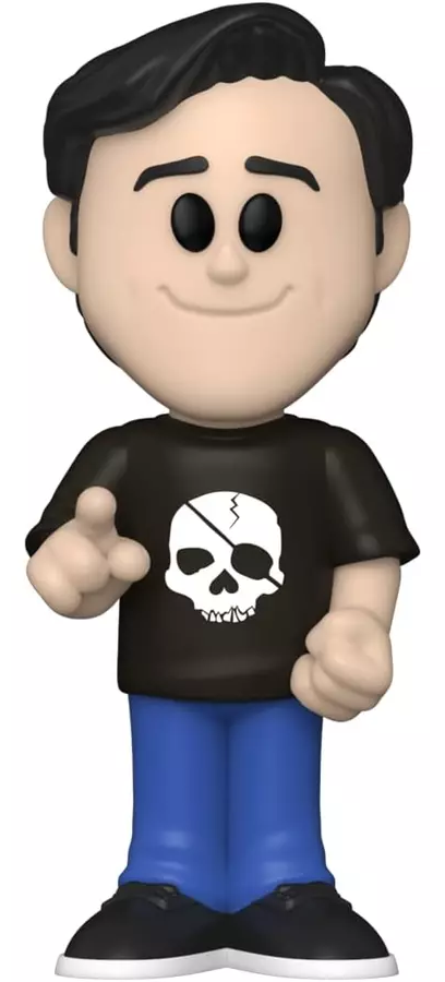 Funko Pop figura egy koponyás pólós, kék nadrágos, mutató emberrel. Fehér háttér.