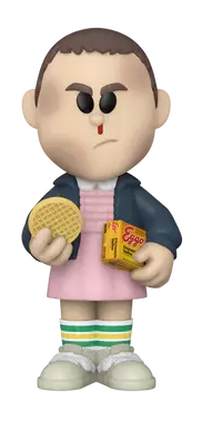 Eleven Funko Pop figura a Stranger Things-ből, gofrit és Eggo dobozt tart.