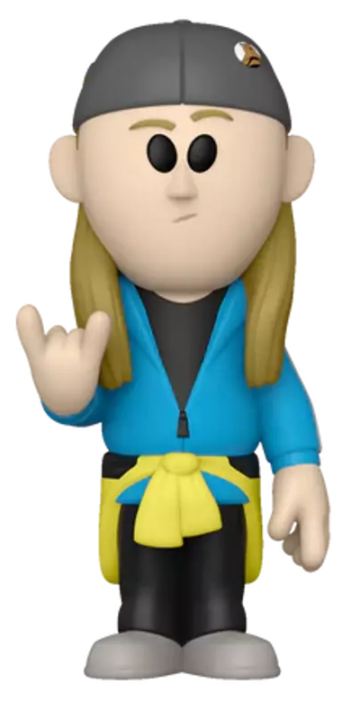 Egy Funko Pop figura egy rajzolt férfiról szőke hajjal, kék dzsekivel és szürke kalappal.