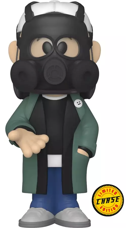 Funko Pop figura egy rajzfilmfiguráról, aki gázmaszkot és zöld kabátot visel. Sárga jelvény van.
