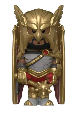 Egy arany Hawkman Funko Pop figura részletes sisakkal, szárnyakkal és buzogánnyal.