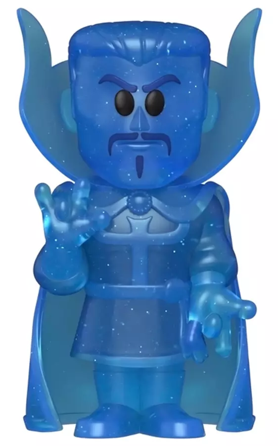 Egy áttetsző kék Doctor Strange figura dinamikus pózban.