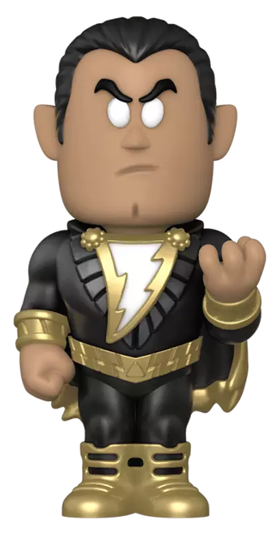 Black Adam figura, fekete öltöny arany villámmal, ököllel. Sötét haj és dühös arc.