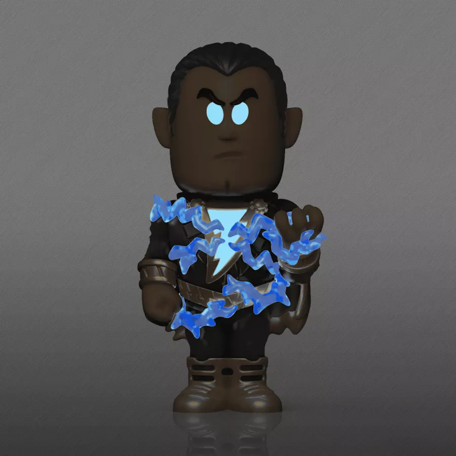 Black Adam figura, világító kék villámhatás, sötét bőr és vonások.
