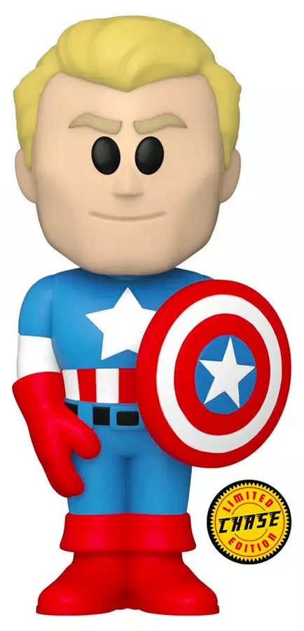 Captain America Funko Pop figura jelmezben, pajzzsal, 'CHASE EDITION' felirattal.