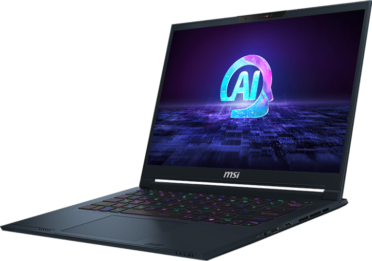 MSI laptop nyitott képernyővel, AI grafikával, színes billentyűzettel.