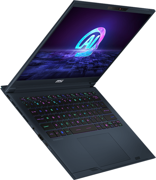 Egy kék laptop, világító billentyűzettel és logót megjelenítő képernyővel. Az MSI logója látható.