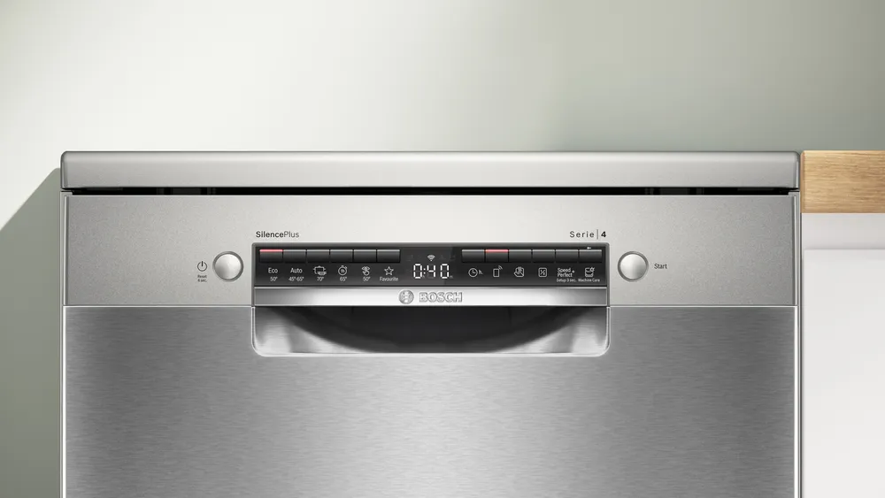 Rozsdamentes acél Bosch mosogatógép vezérlőpanel, digitális kijelzővel, 0:40.