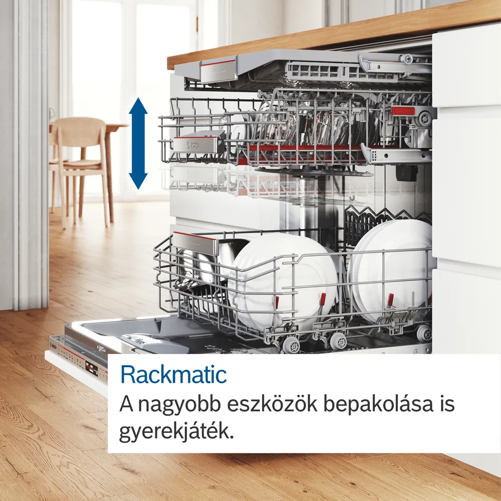 Mosogatógép nyitott ajtóval, a polcokat és a tányérokat mutatja. Magyar felirat: Rackmatic és a fordítása.