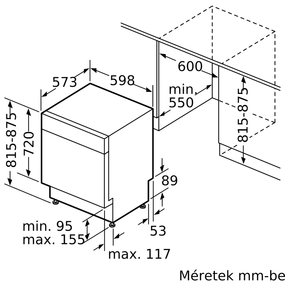 Egy mosogatógép műszaki rajza, amely méreteket mutat. Vonalak és számok jelzik a mosogatógép méretét.