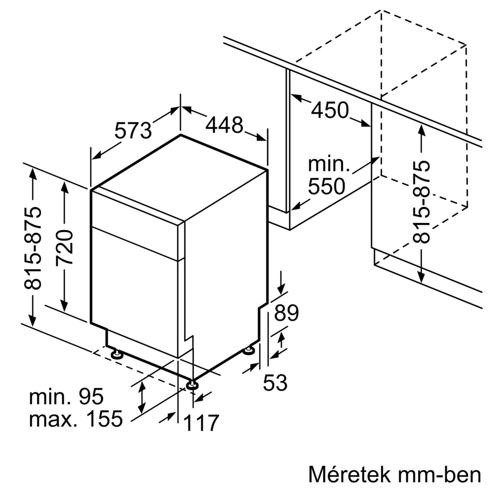Mosogatógép műszaki rajza méretekkel.