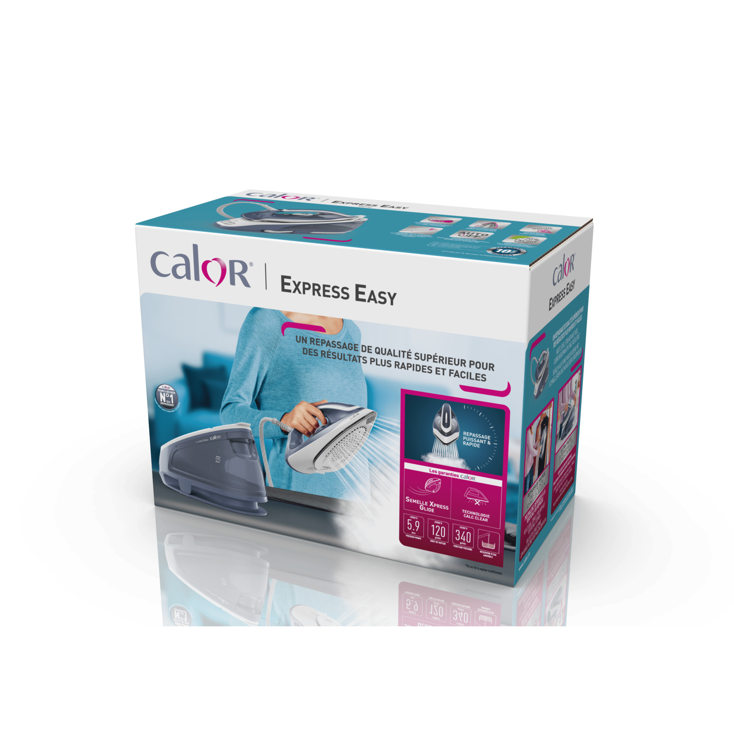 Box with a blue and white design, featuring a steam iron.