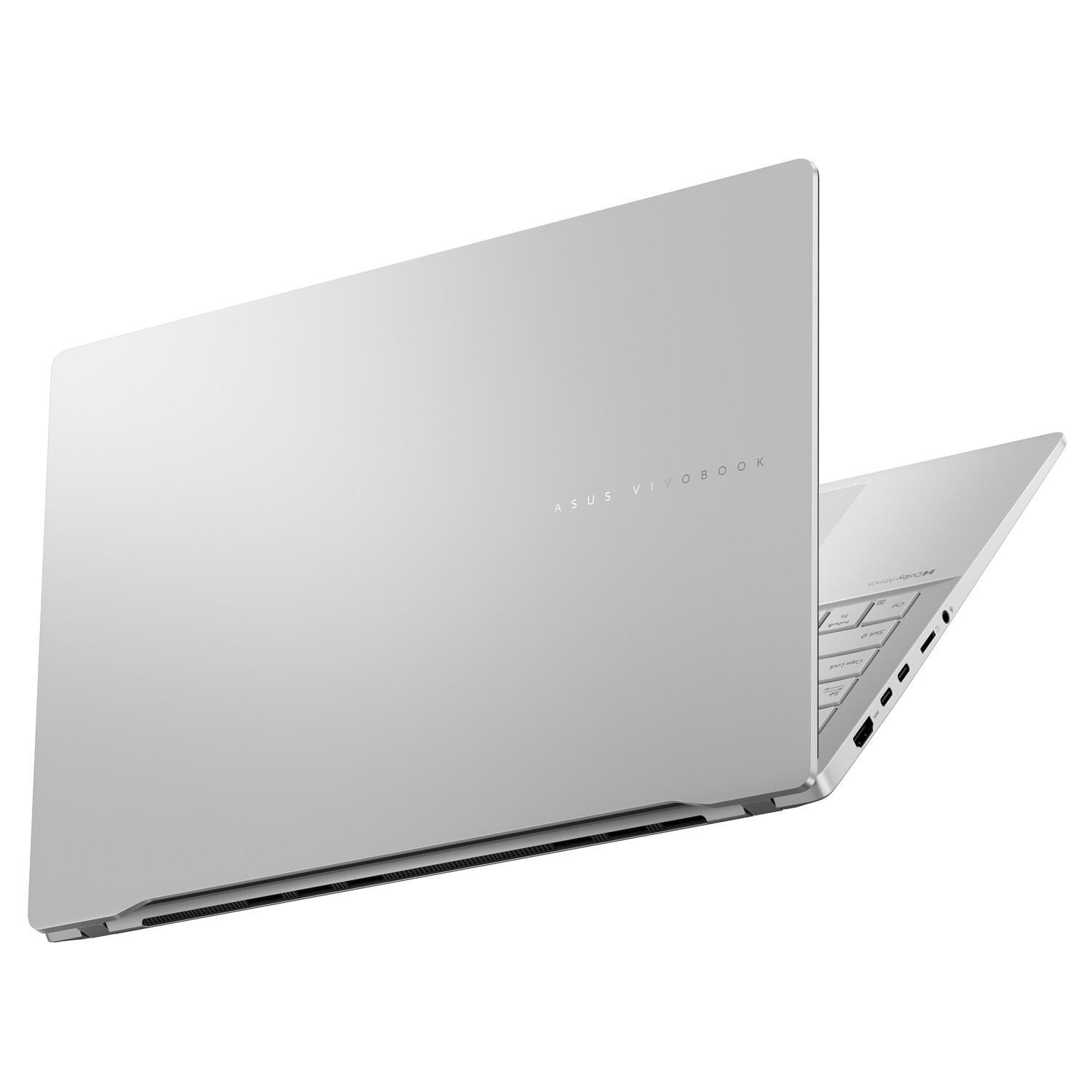 Ordinateur portable argenté, partiellement ouvert. L'arrière de l'ordinateur portable est visible, avec le logo ASUS Vivobook.