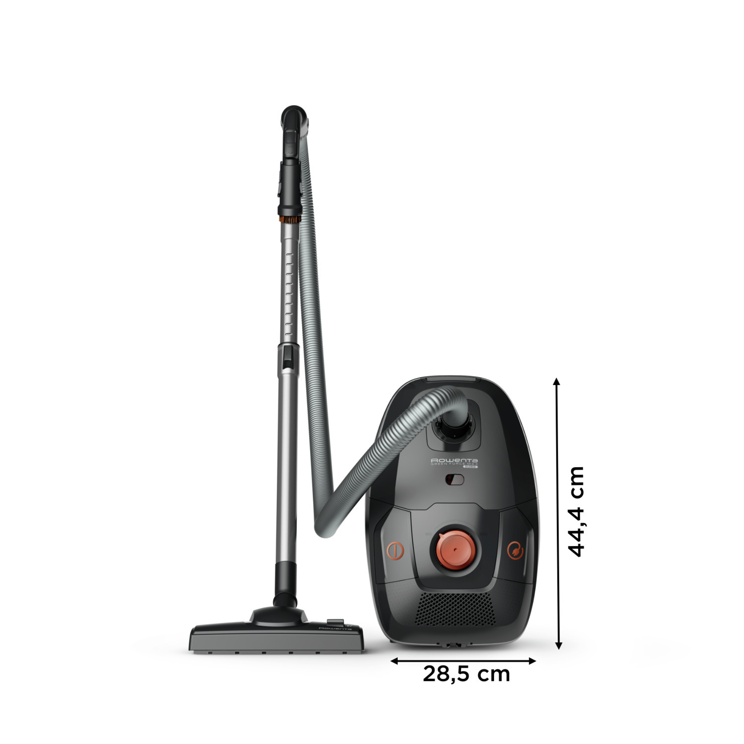 An open black and grey vacuum cleaner, with a hose and cleaning head.
