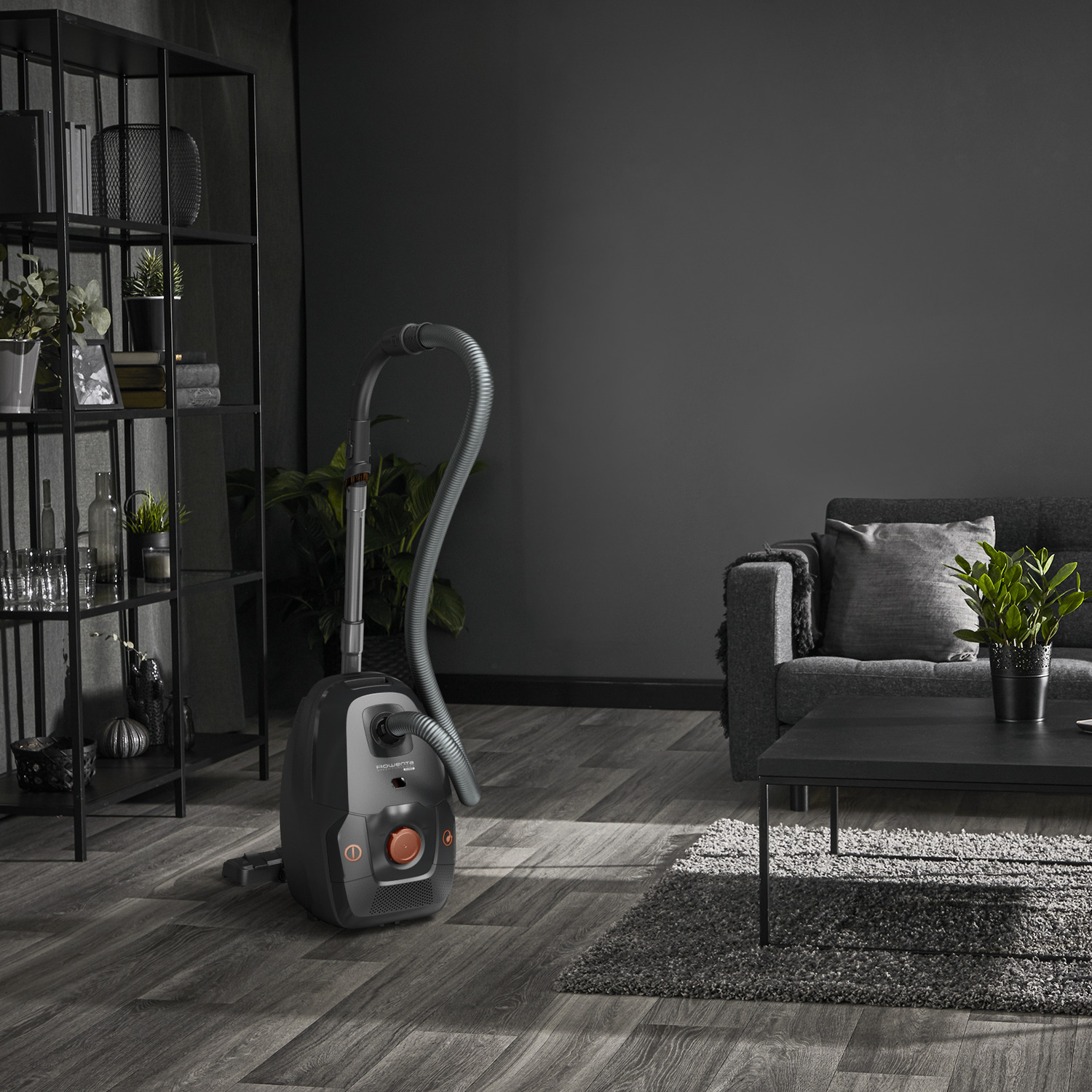 Dark living room with a vacuum cleaner. Sofa, shelves with plants, and a coffee table.