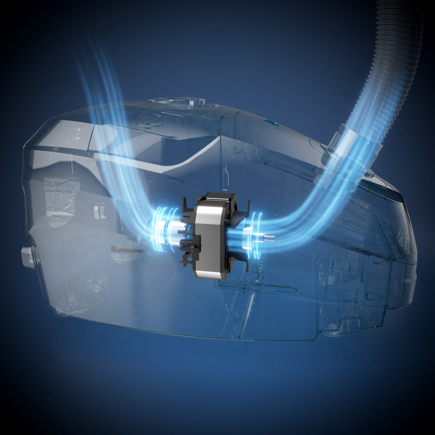 A transparent vacuum cleaner showing internal components and blue airflow lines.