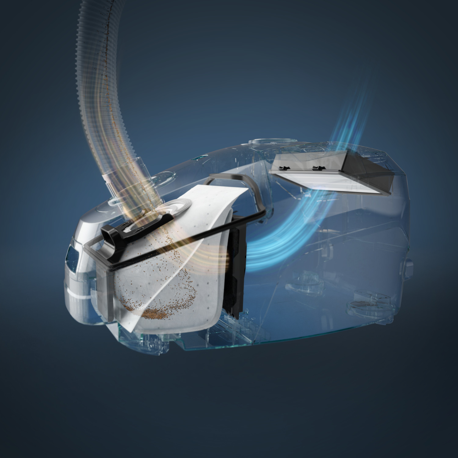 Transparent vacuum cleaner with internal components highlighted, and blue air flow.