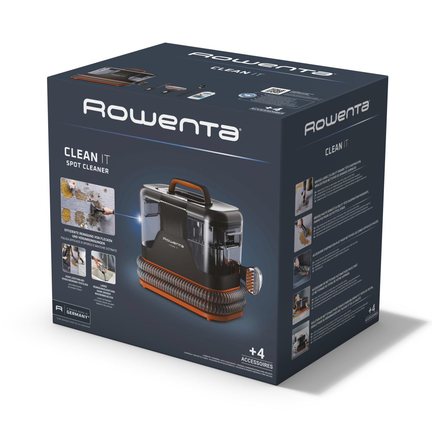 Rowenta Clean It vlekkenreiniger doos. Toont de reiniger en accessoires op de doos. Witte achtergrond.