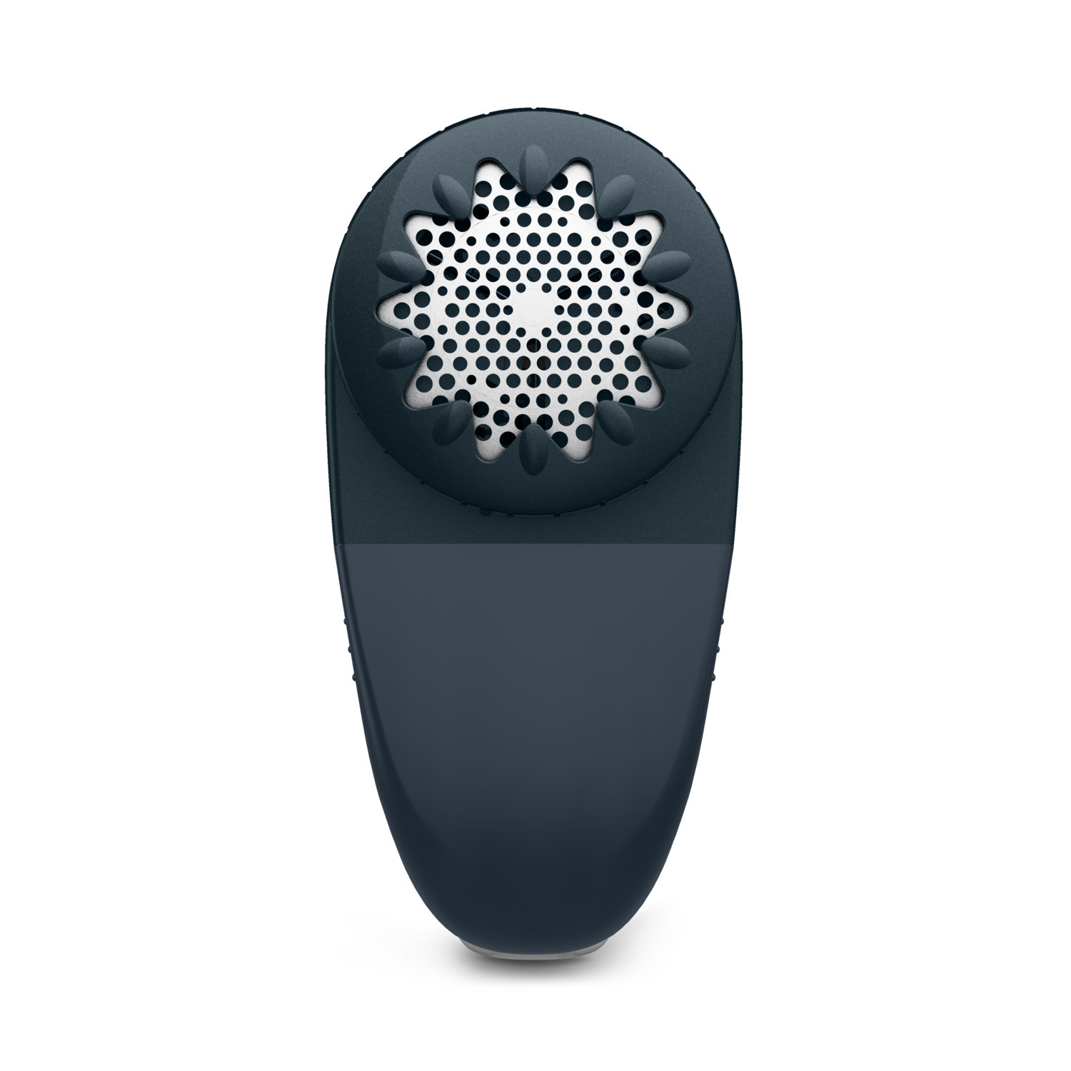 Purificateur d'air bleu foncé avec un dessus floral. Isolé sur blanc. Le dessus a des trous. Le bas a une bande sombre.