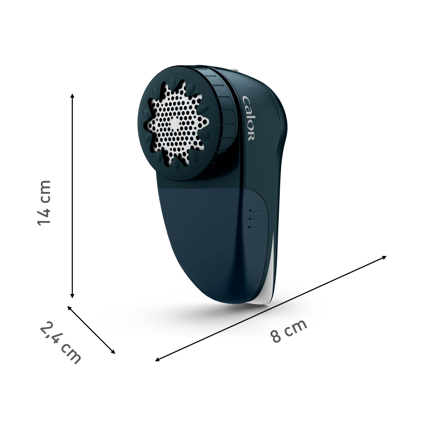 Un anti-bouloches bleu foncé avec des dimensions en cm : 14 de haut, 2,4 de large et 8 de long.