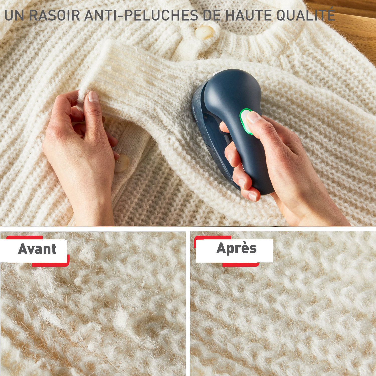 Une personne utilise un rasoir à tissu sur un pull. La comparaison avant/après montre les résultats.