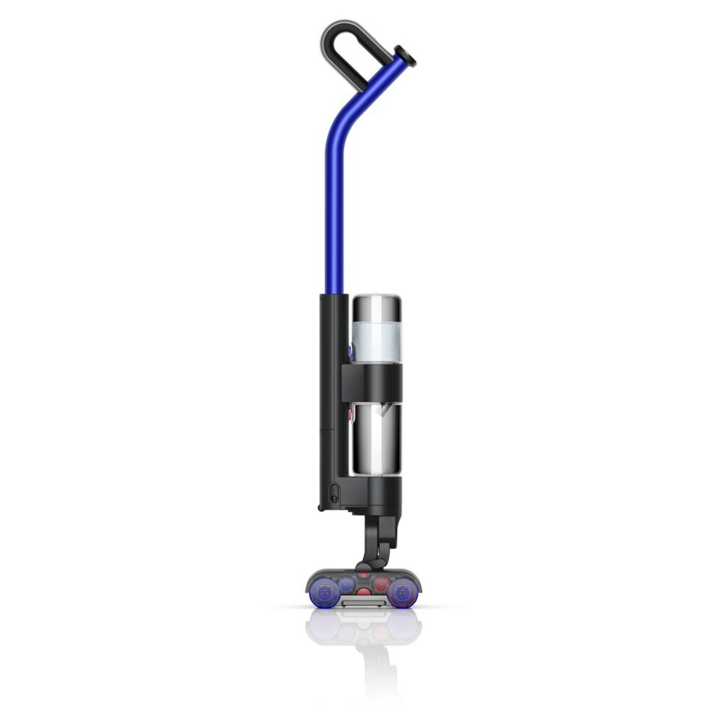 A blue and black Dyson vacuum cleaner standing upright on a white surface.