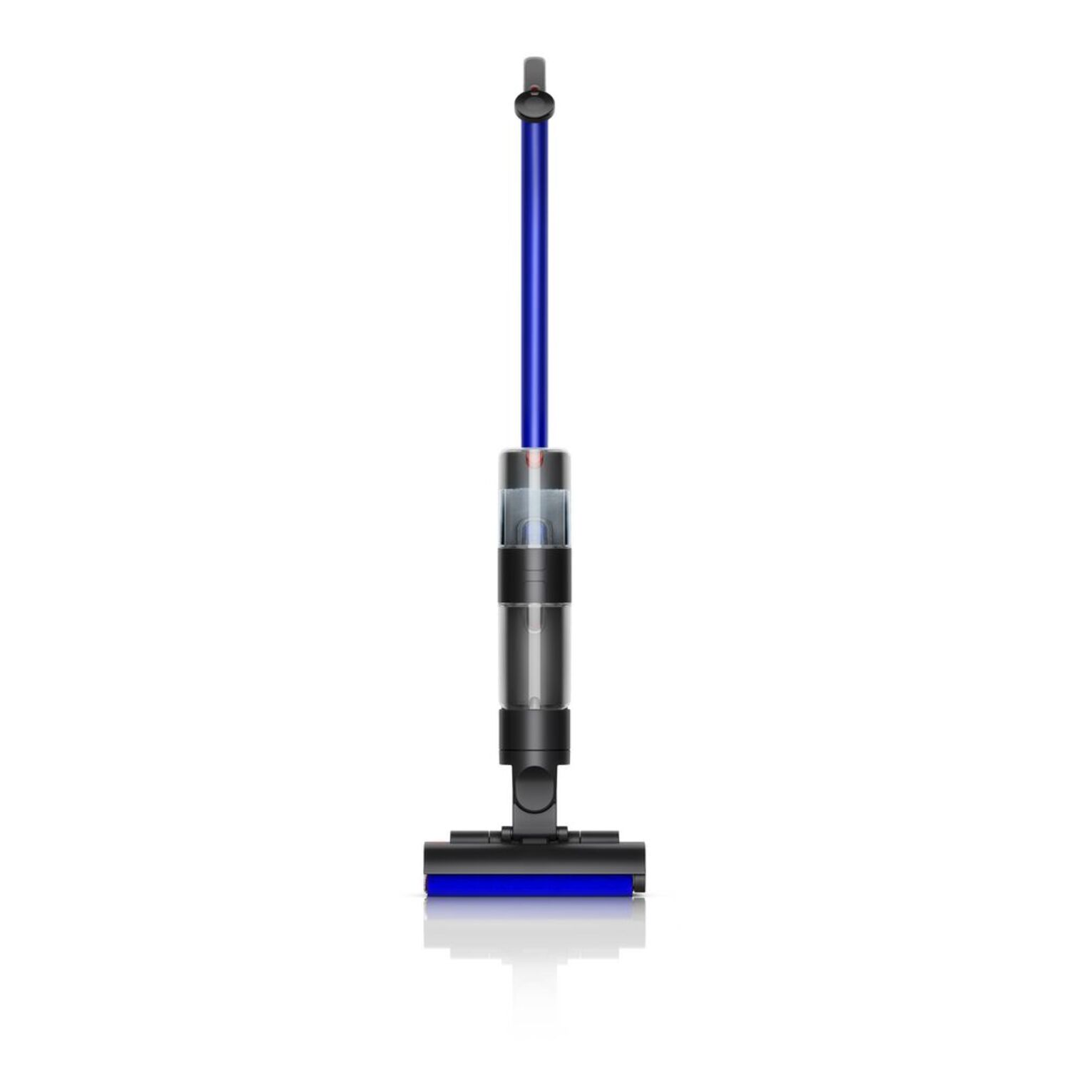 A blue and silver Dyson cordless vacuum cleaner, standing upright on a white background.