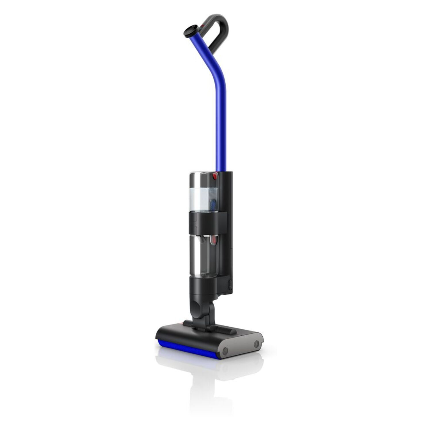 A cordless vacuum cleaner in black and blue on a white background.