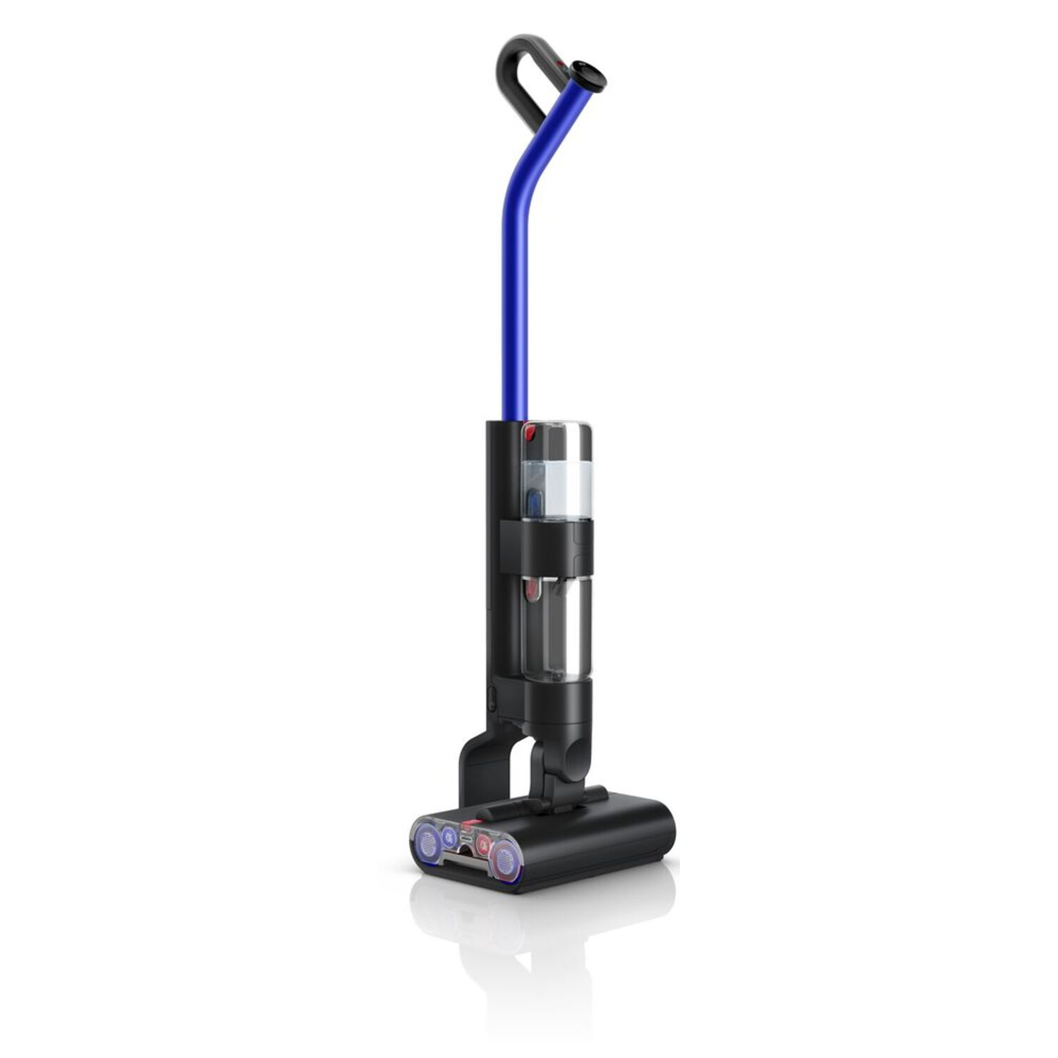 A black and blue stick vacuum cleaner, standing upright on a white surface, with dimensions.