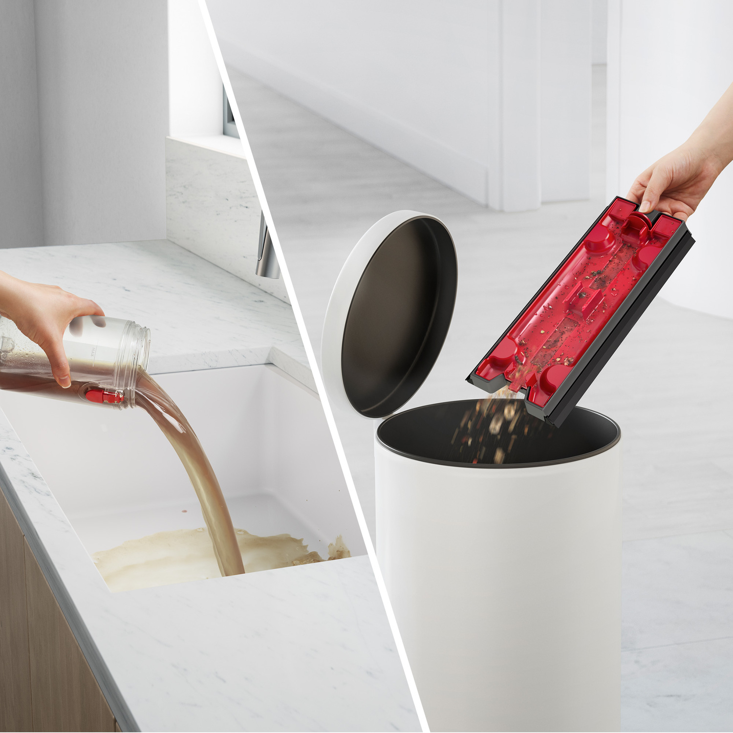 Two images: a liquid is poured into a sink, and waste is emptied into a bin.