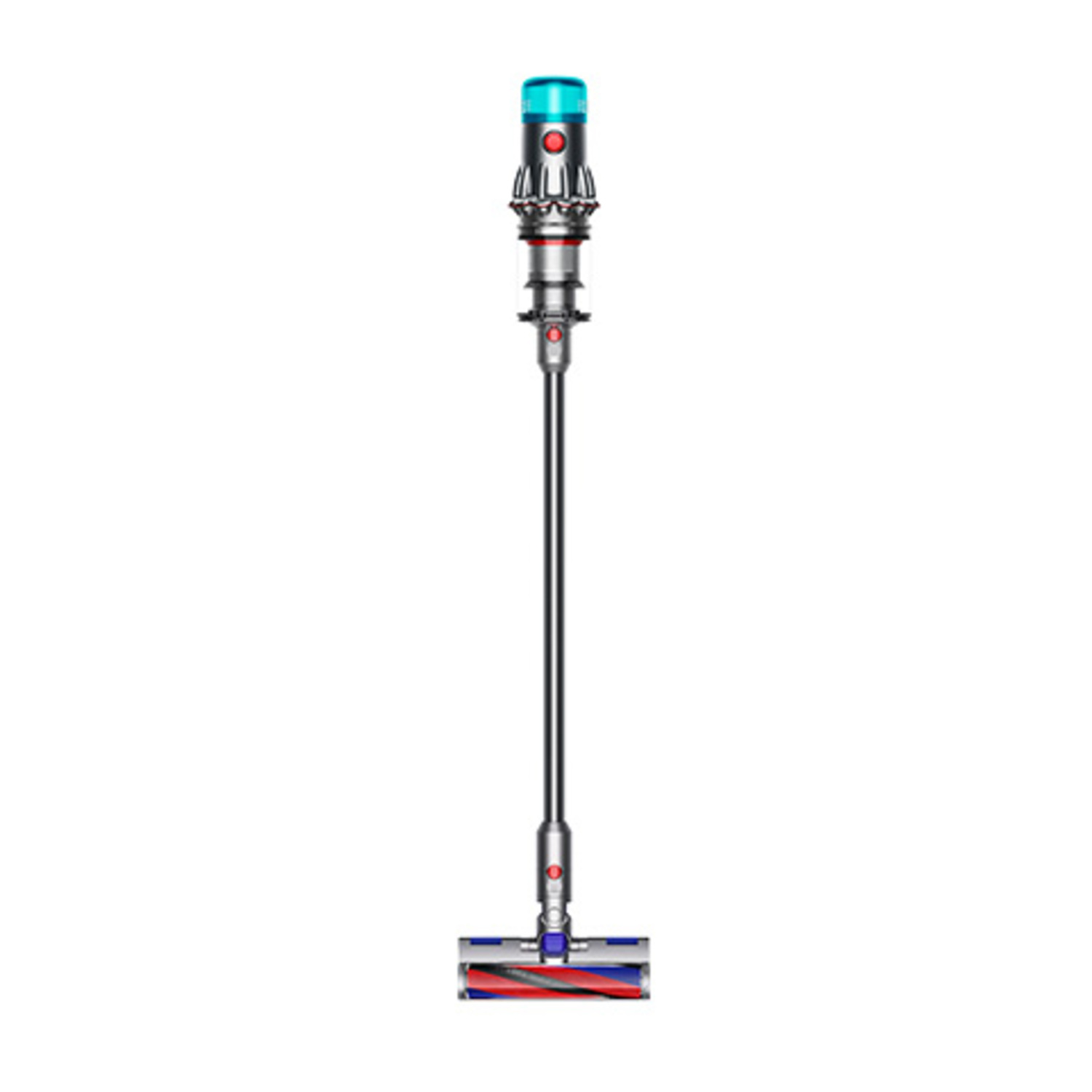 A Dyson cordless vacuum cleaner in a vertical position. The vacuum is silver and blue.