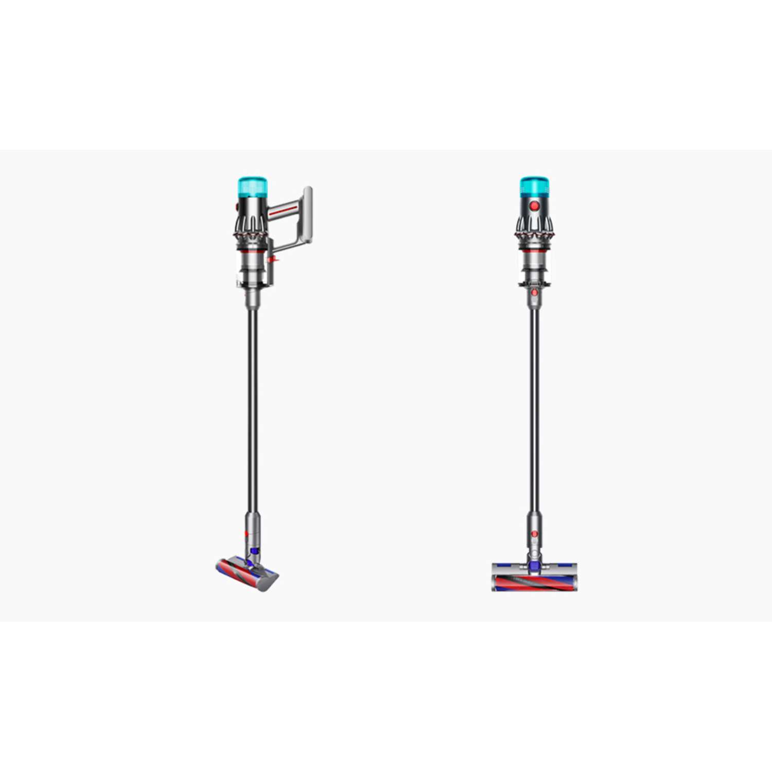 Two cordless vacuum cleaners, one on the wall mount, and one standing.