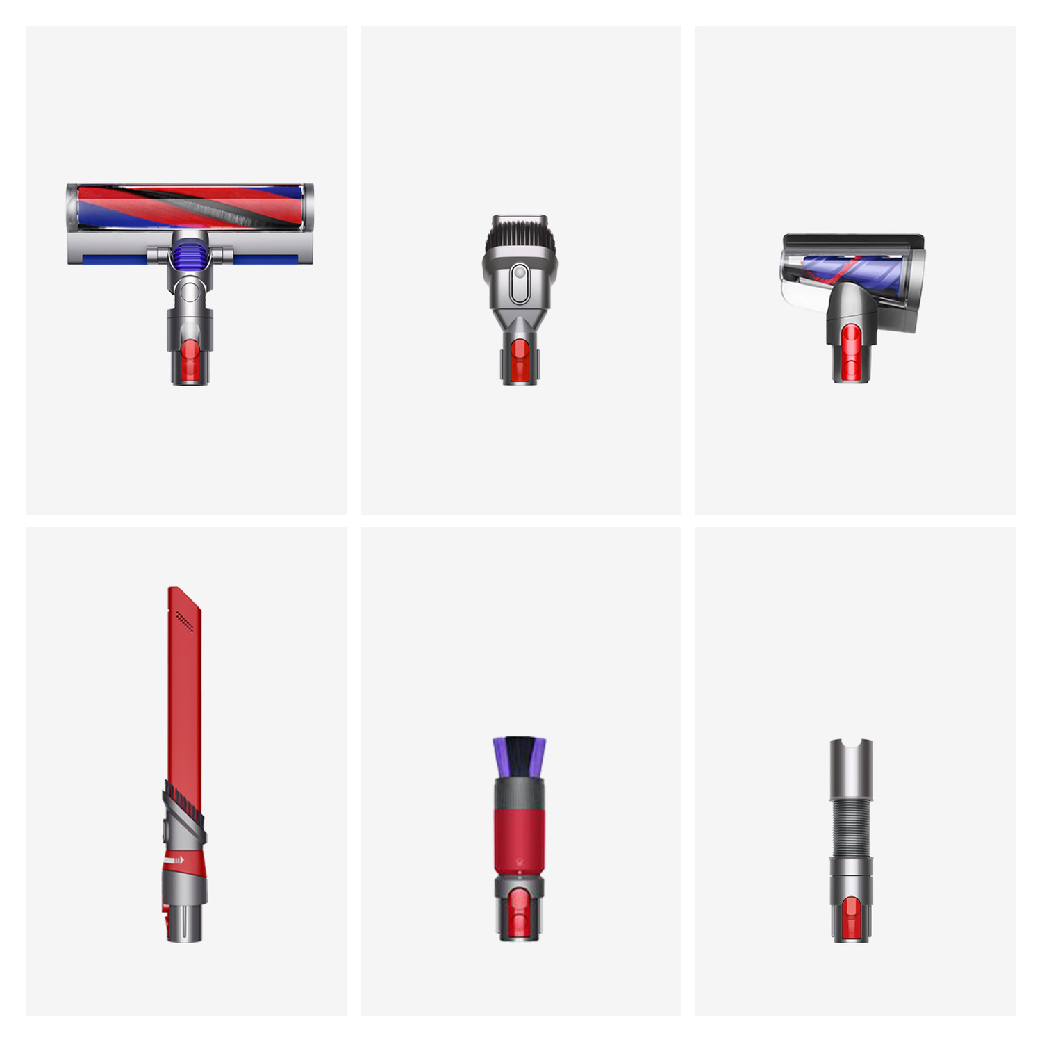 Six vacuum cleaner attachments: different brush heads and nozzles.