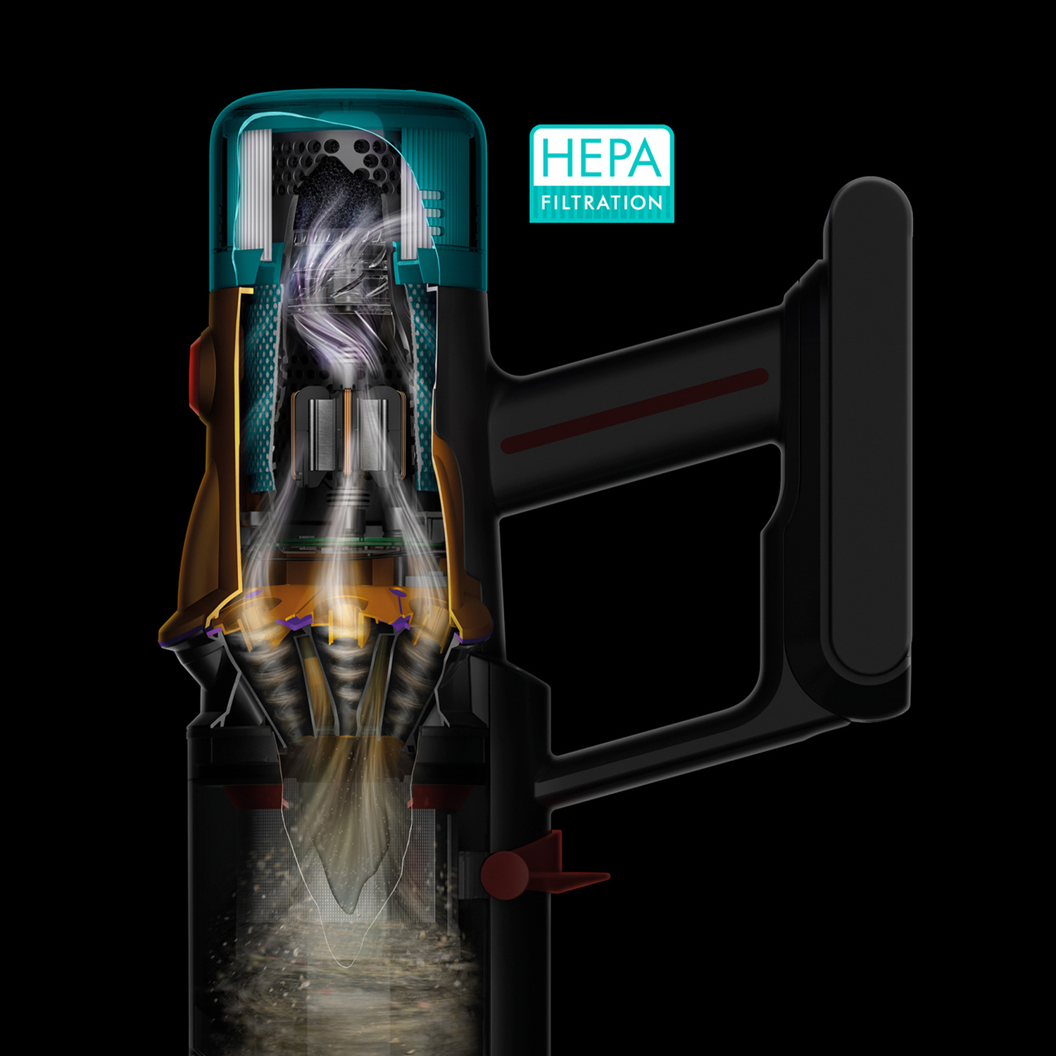 Cutaway view of a vacuum cleaner, with HEPA filter. Black background.