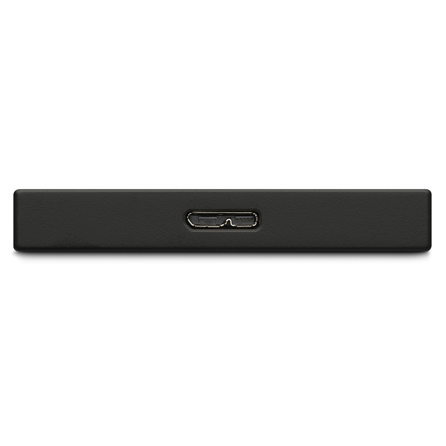 Disque dur externe noir avec un port USB. Isolé sur fond blanc. Le côté du disque est visible.