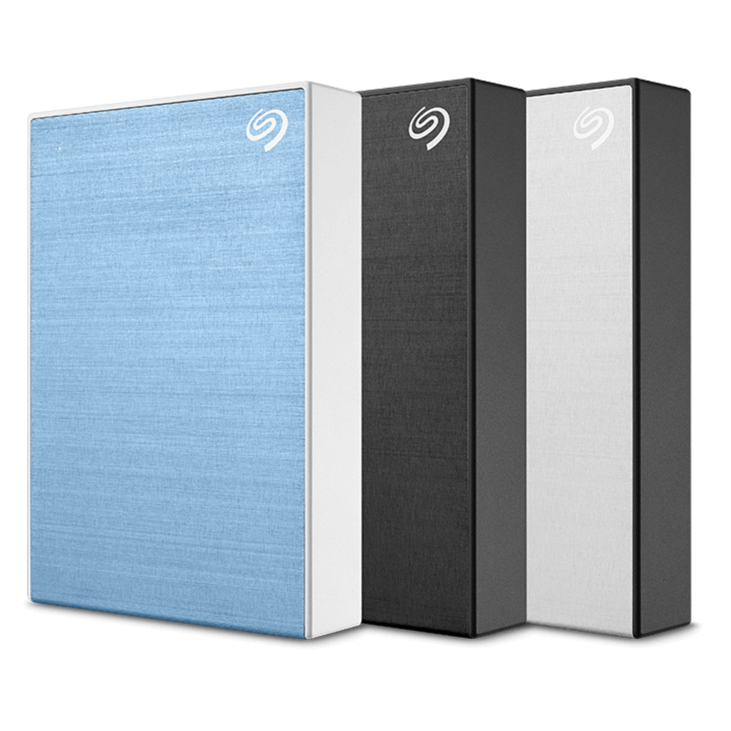 Three external hard drives in blue, black, and white colors, on a white surface.