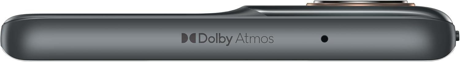 Vista lateral de un smartphone gris oscuro con el logotipo Dolby Atmos y un pequeño agujero.