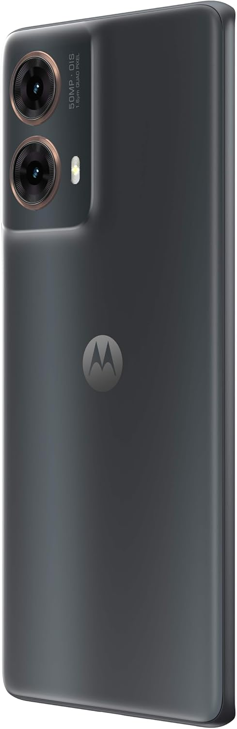 La parte trasera de un teléfono Motorola gris oscuro con cámaras duales y un logotipo.