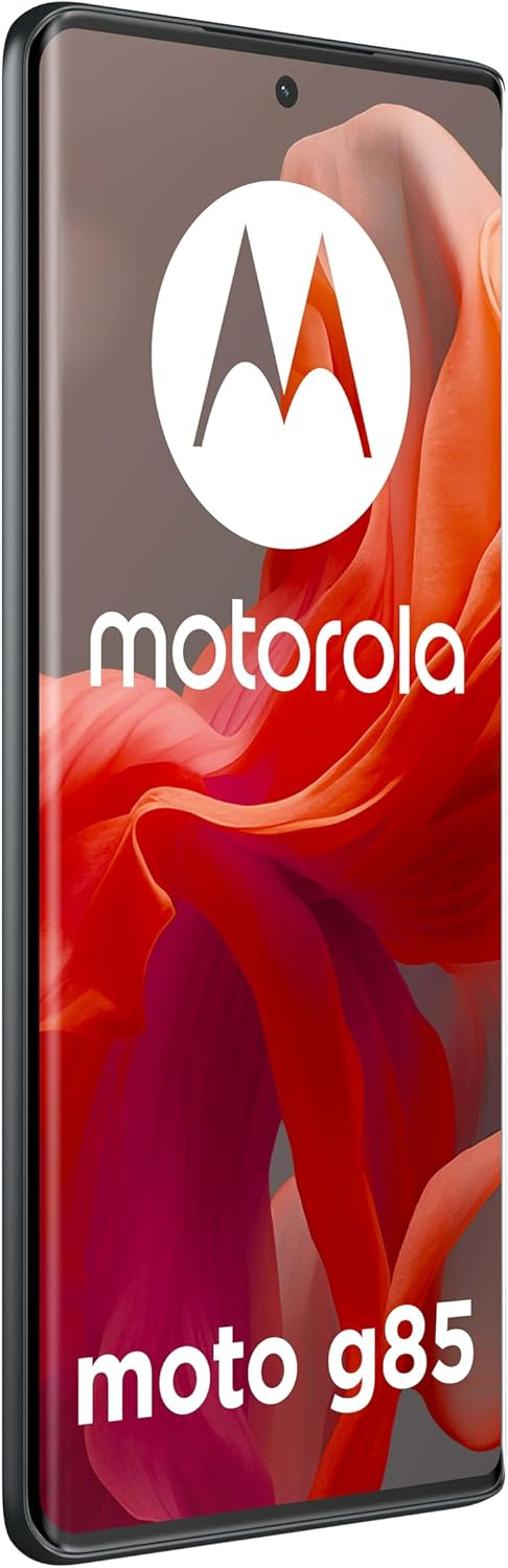 Smartphone negro con un logotipo grande y un fondo colorido.