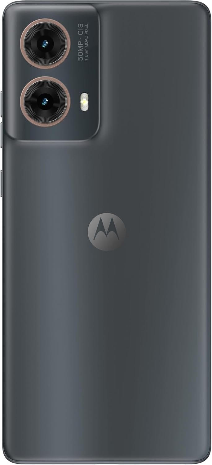 La parte trasera de un smartphone Motorola gris oscuro con cámaras duales y el logotipo de Motorola.