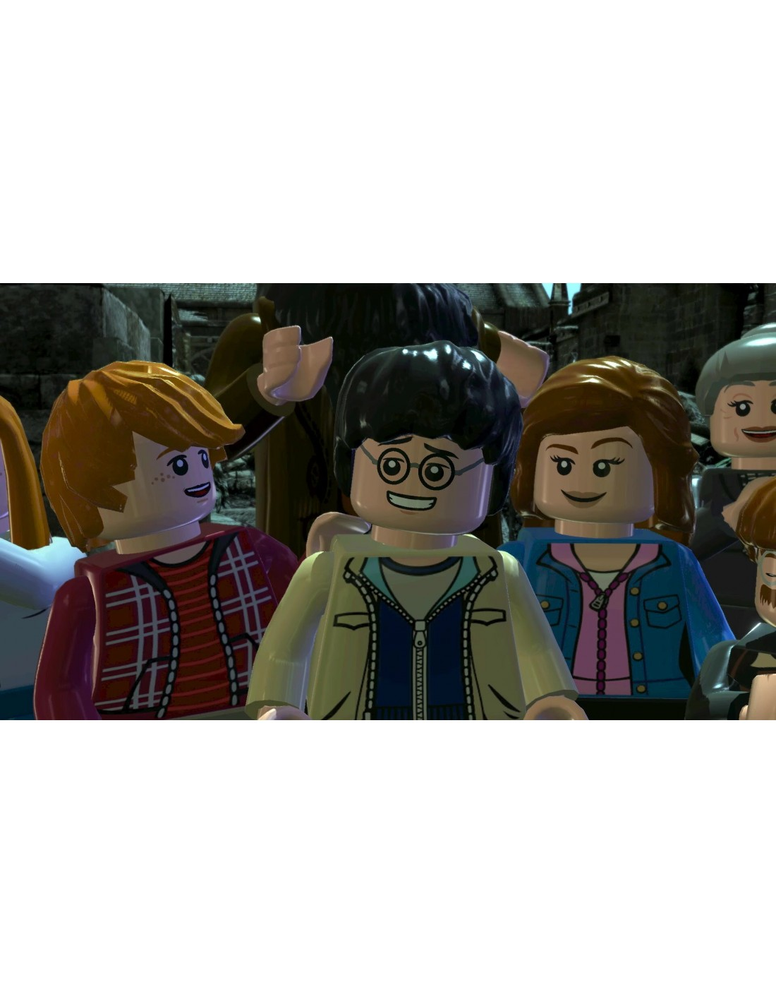 Personajes Lego Harry Potter en grupo, sonriendo. Ron, Harry y otra chica al frente.