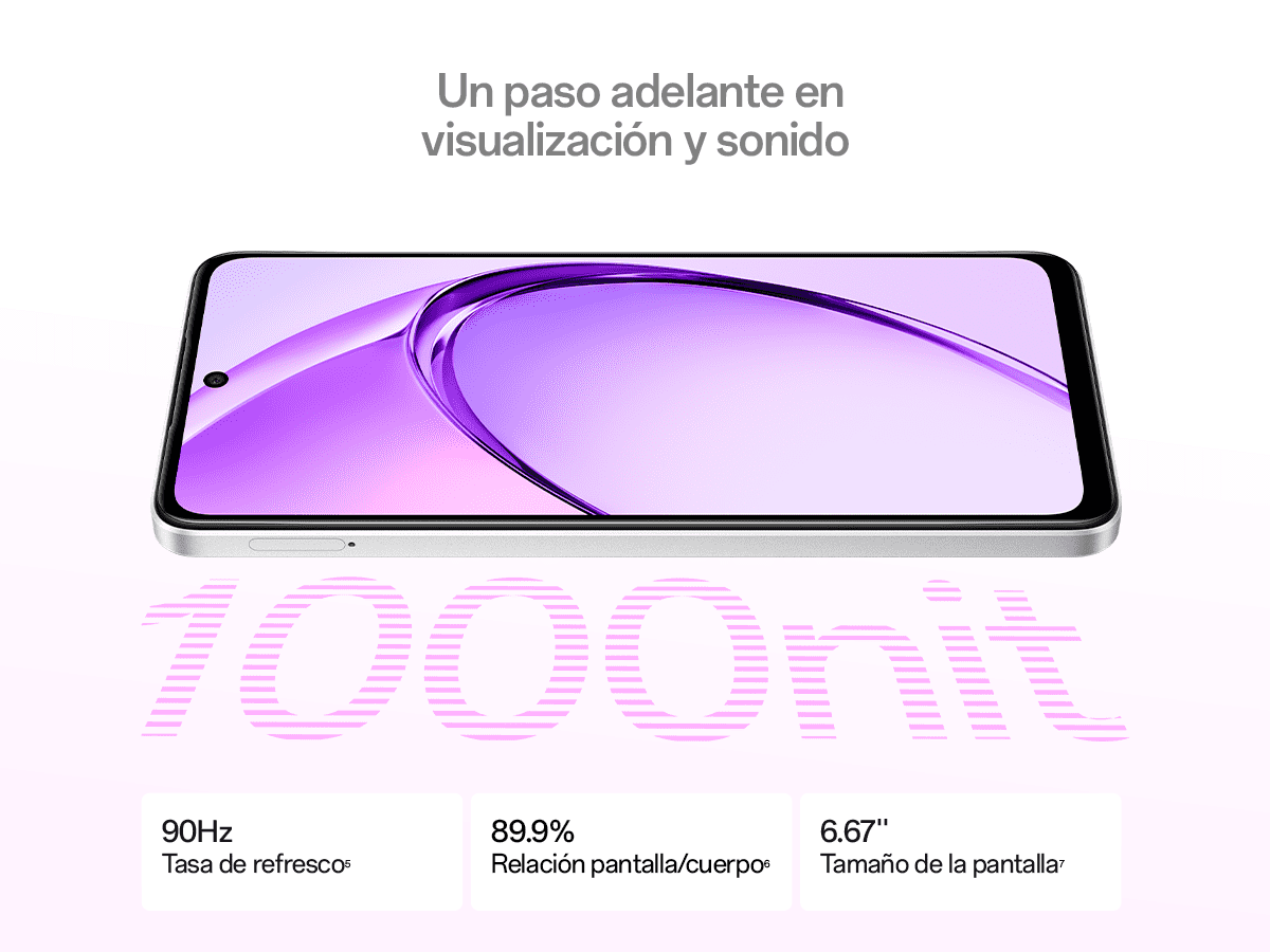 Smartphone plateado con pantalla grande. Texto debajo: 90 Hz, 89,9 % y 6,67".