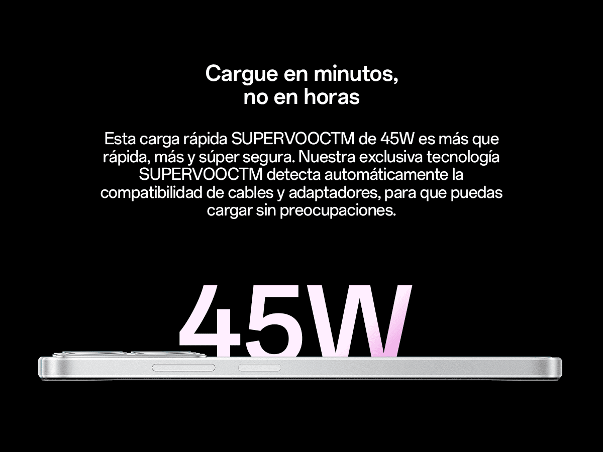 Se muestra un teléfono con parte trasera blanca y marco plateado, con un texto que dice carga rápida.