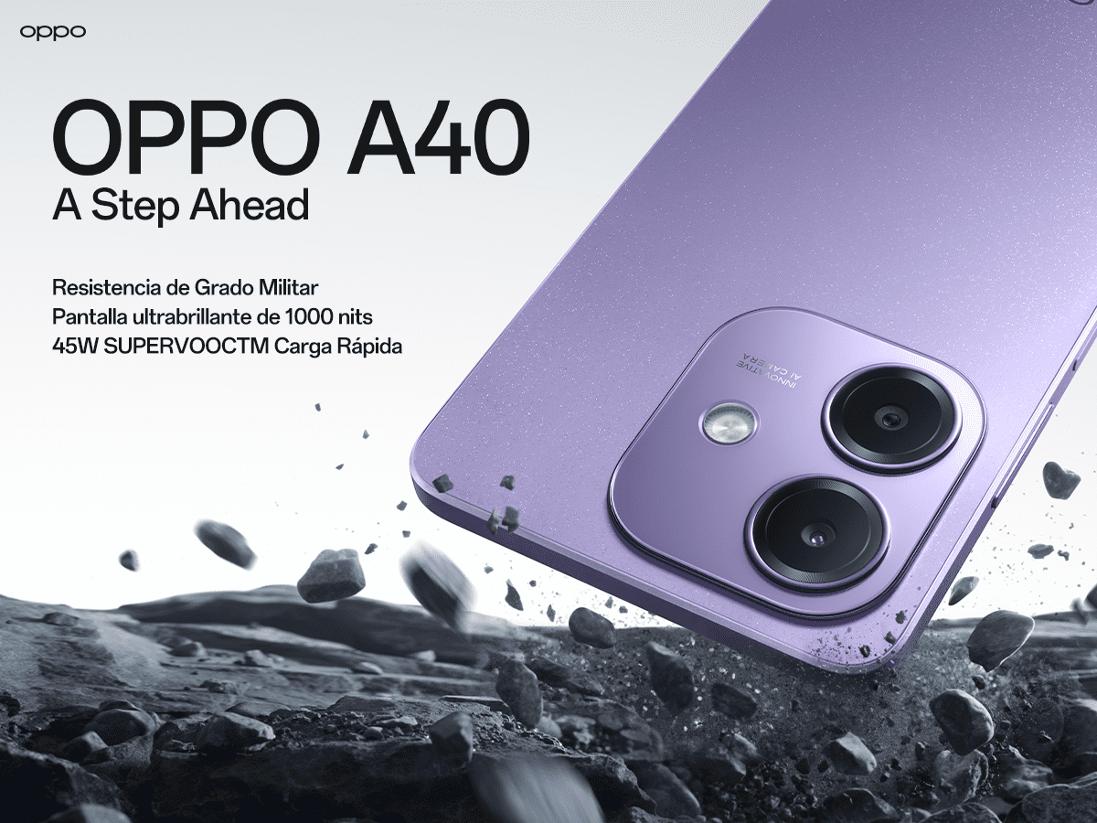 Smartphone morado con cámara de doble lente y texto en español sobre funciones.